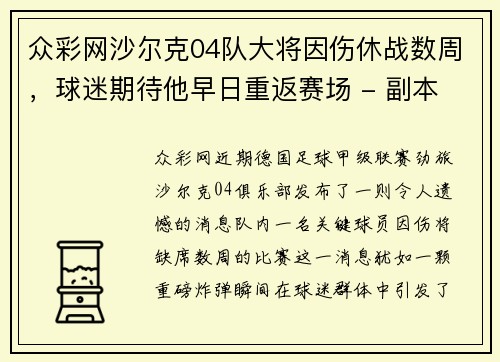 众彩网沙尔克04队大将因伤休战数周，球迷期待他早日重返赛场 - 副本